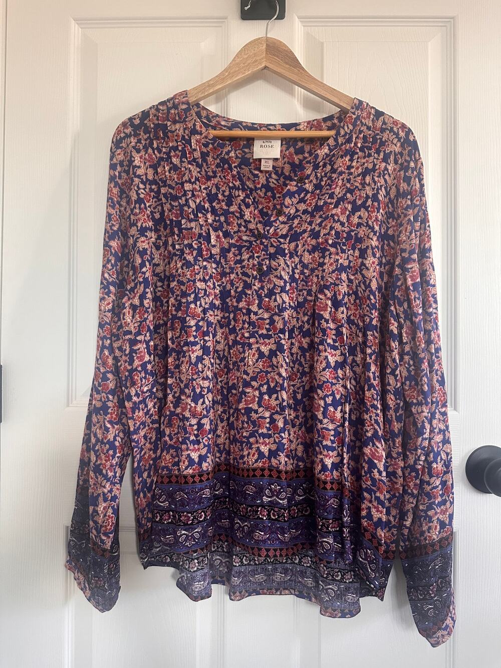 Knox Rose XL Blue Floral Boho Pintuck Blouse Long Sleeve Border Print